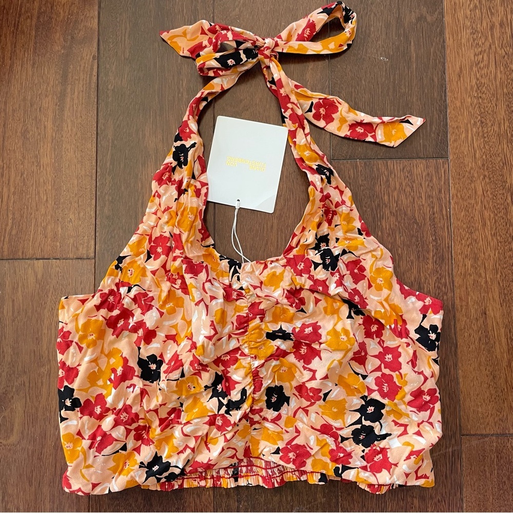NWT Diane Von Furstenberg DVF Alivia Halter Top Pansy Orange Crop Top Size L